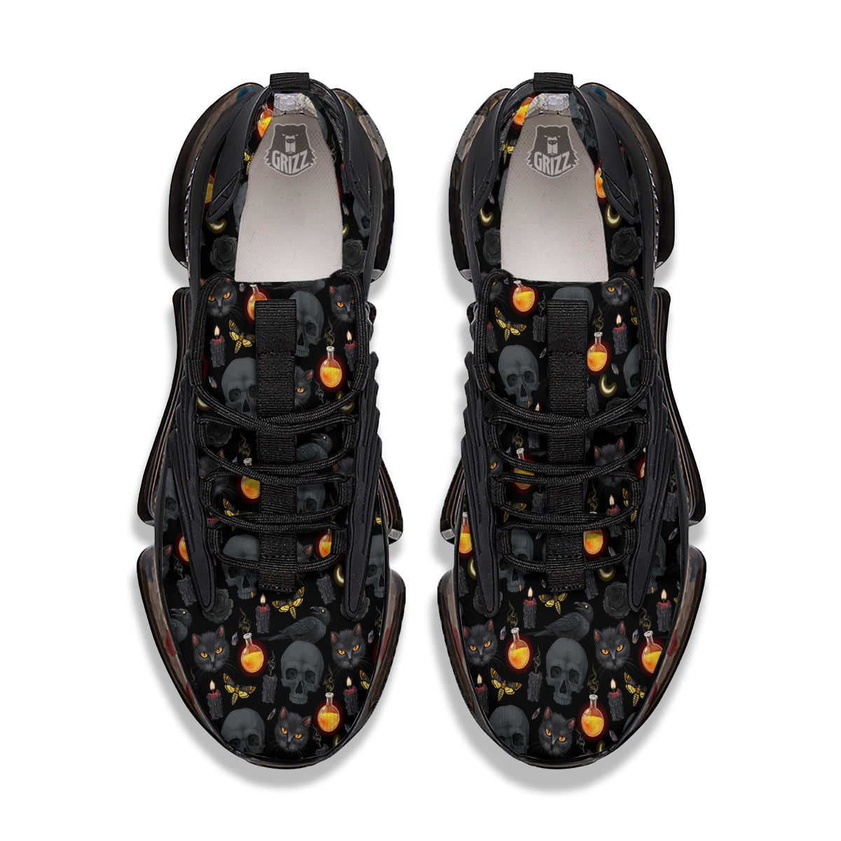 Black Head Cat Raven And Skull Print Pattern Black Gym Shoes-grizzshop