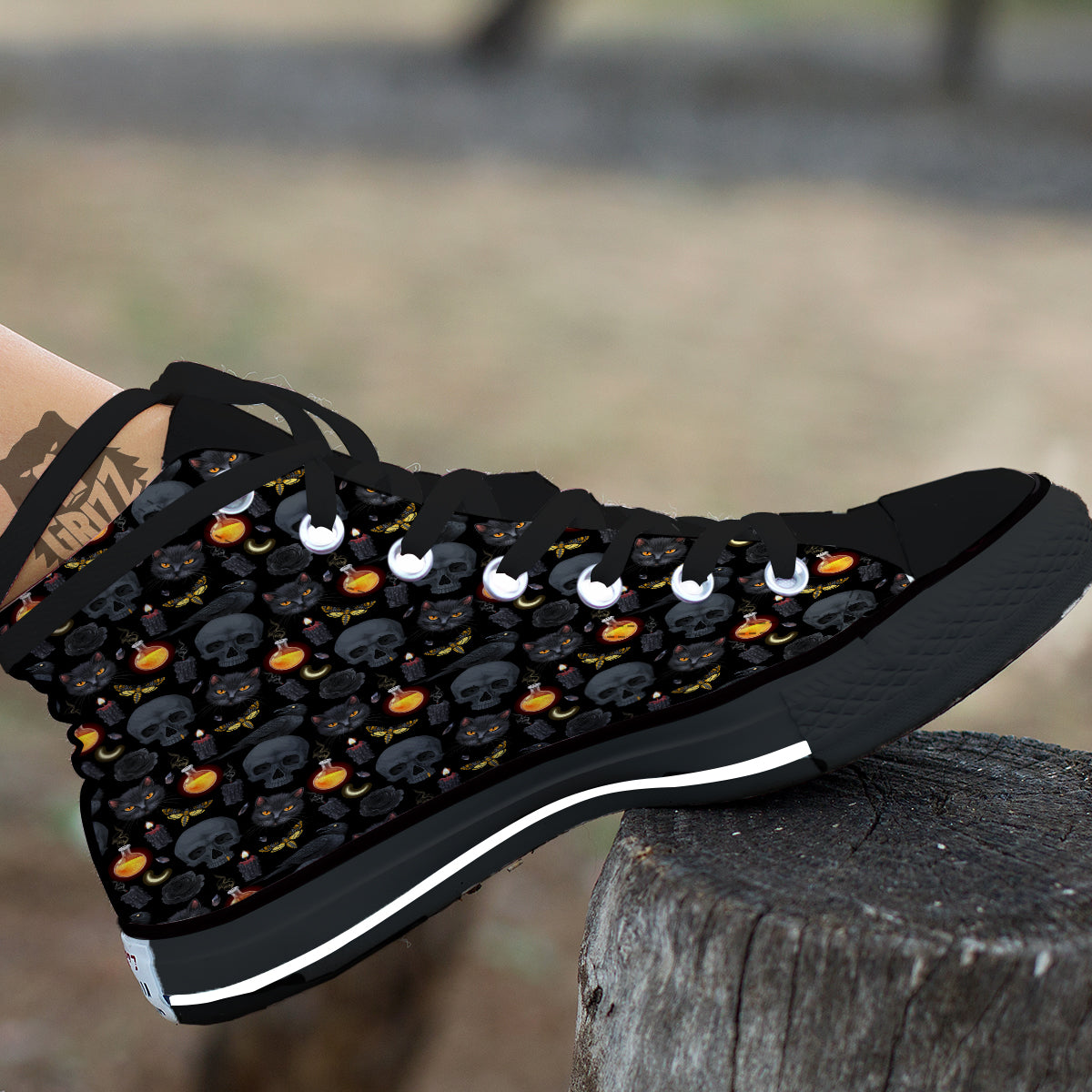 Black Head Cat Raven And Skull Print Pattern Black High Top Shoes-grizzshop