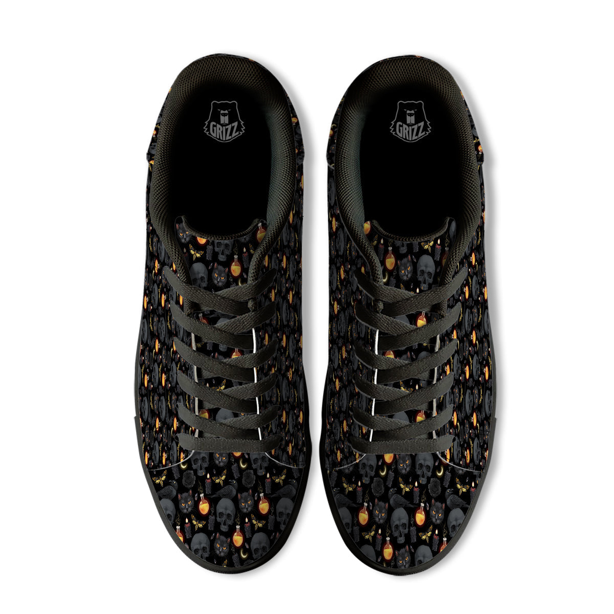 Black Head Cat Raven And Skull Print Pattern Black Low Top Sneakers-grizzshop