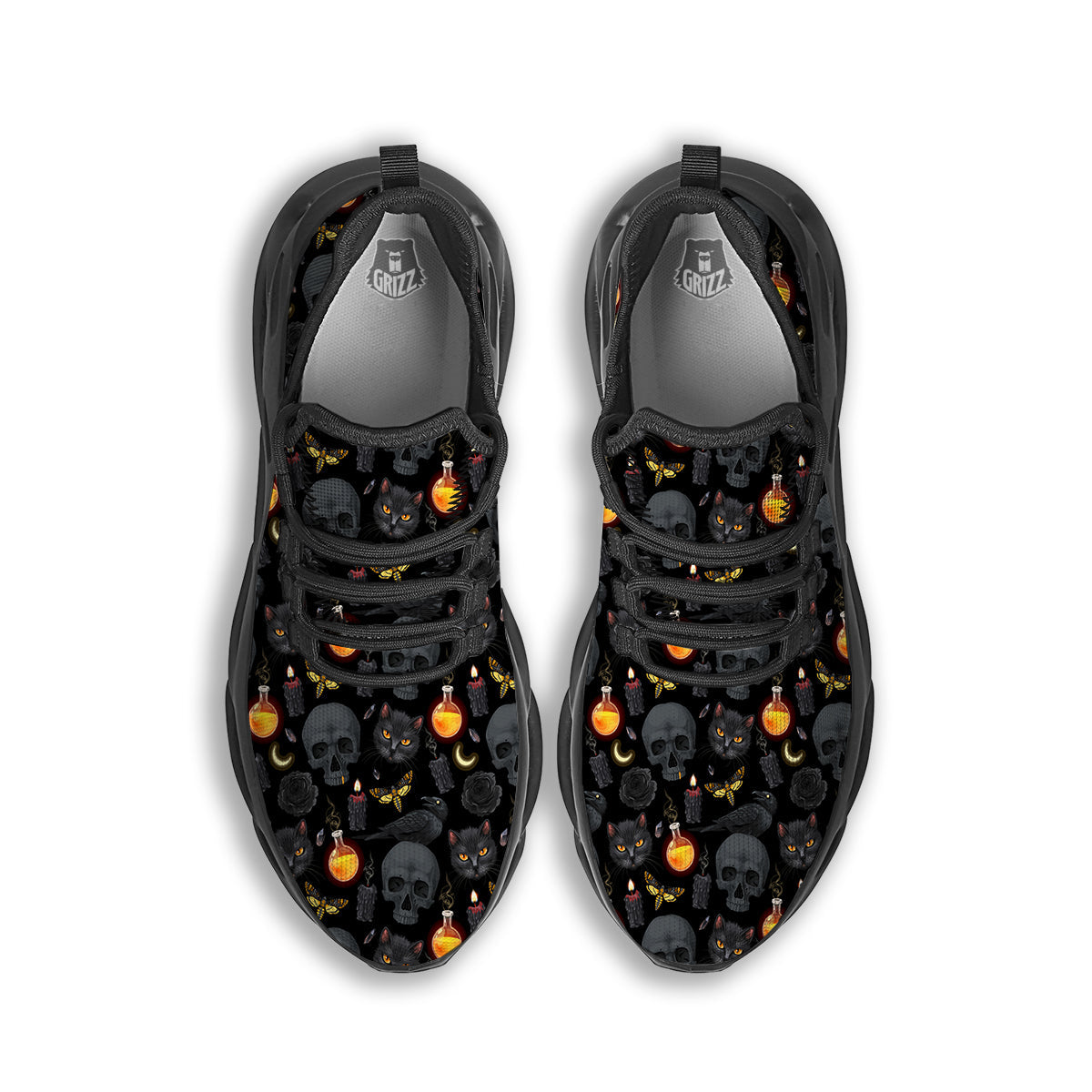 Black Head Cat Raven And Skull Print Pattern Black Running Shoes-grizzshop