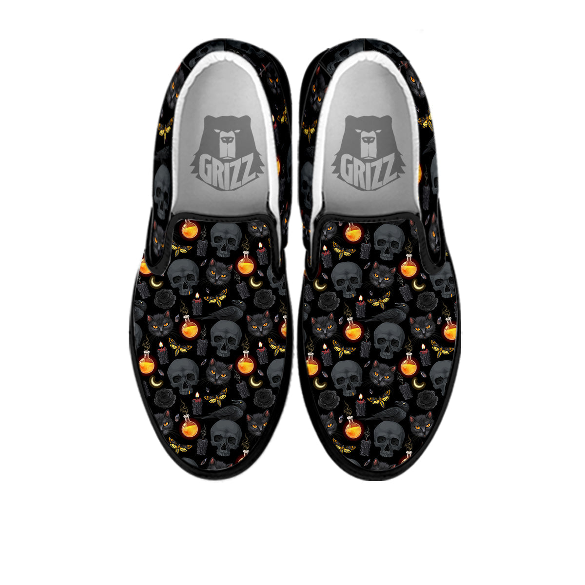 Black Head Cat Raven And Skull Print Pattern Black Slip On Shoes-grizzshop