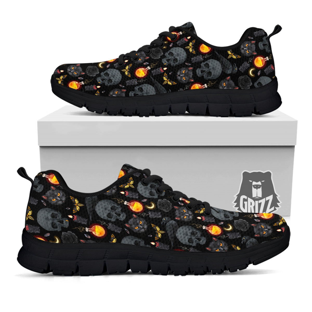 Black Head Cat Raven And Skull Print Pattern Black Sneaker-grizzshop