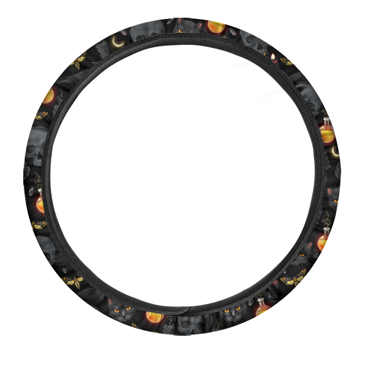 Black Head Cat Raven And Skull Print Pattern Car Steering Wheel Cover-grizzshop
