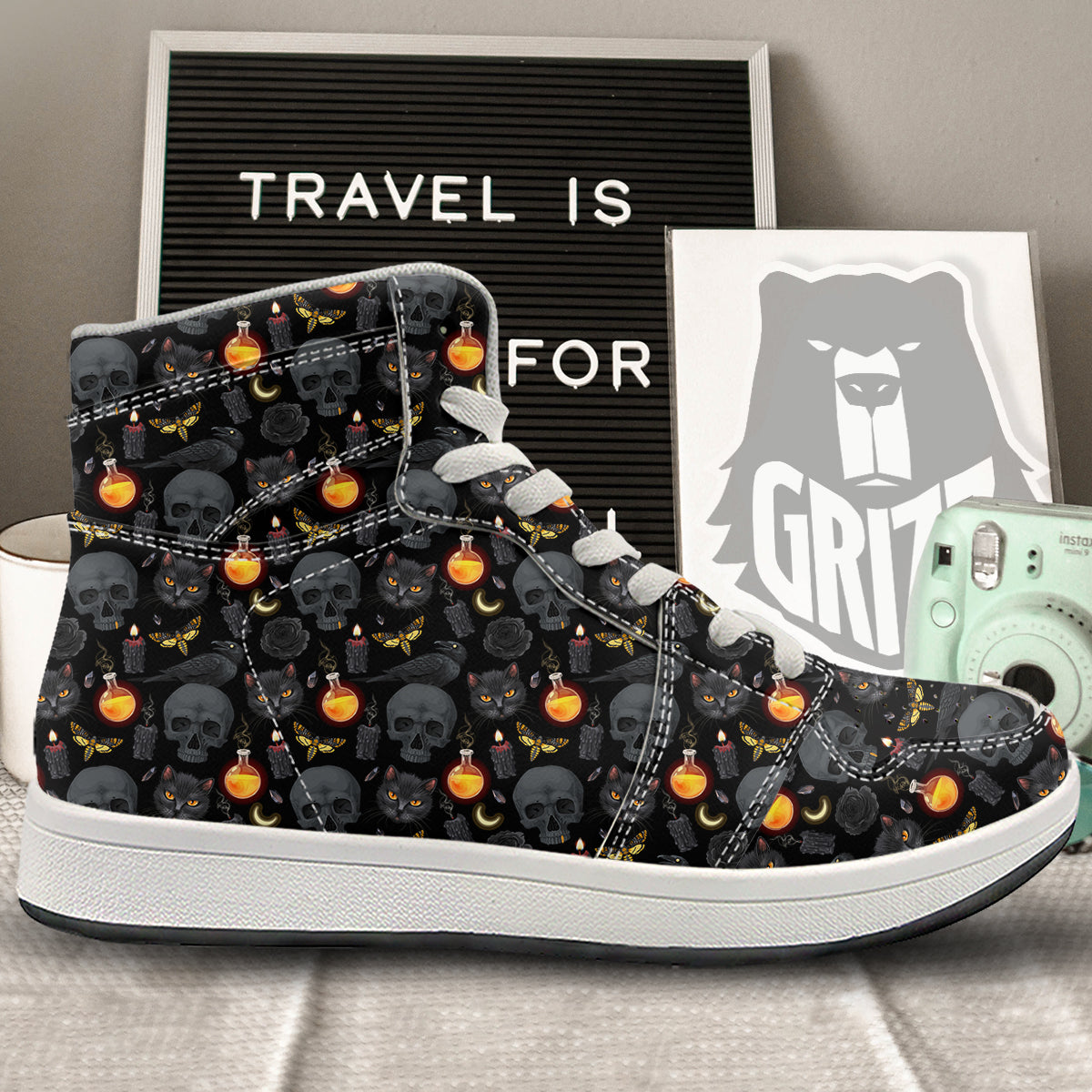 Black Head Cat Raven And Skull Print Pattern High Top Sneakers-grizzshop