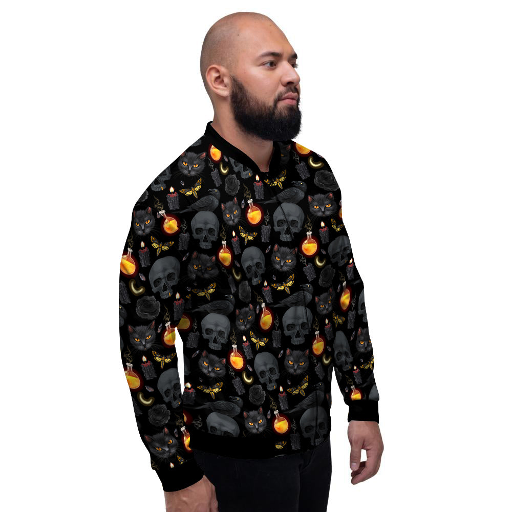 Black Head Cat Raven And Skull Print Pattern Men's Bomber Jacket-grizzshop