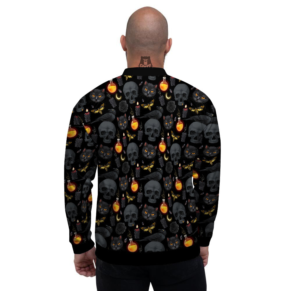 Black Head Cat Raven And Skull Print Pattern Men's Bomber Jacket-grizzshop