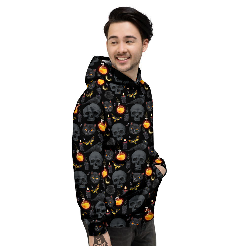Black Head Cat Raven And Skull Print Pattern Men's Hoodie-grizzshop