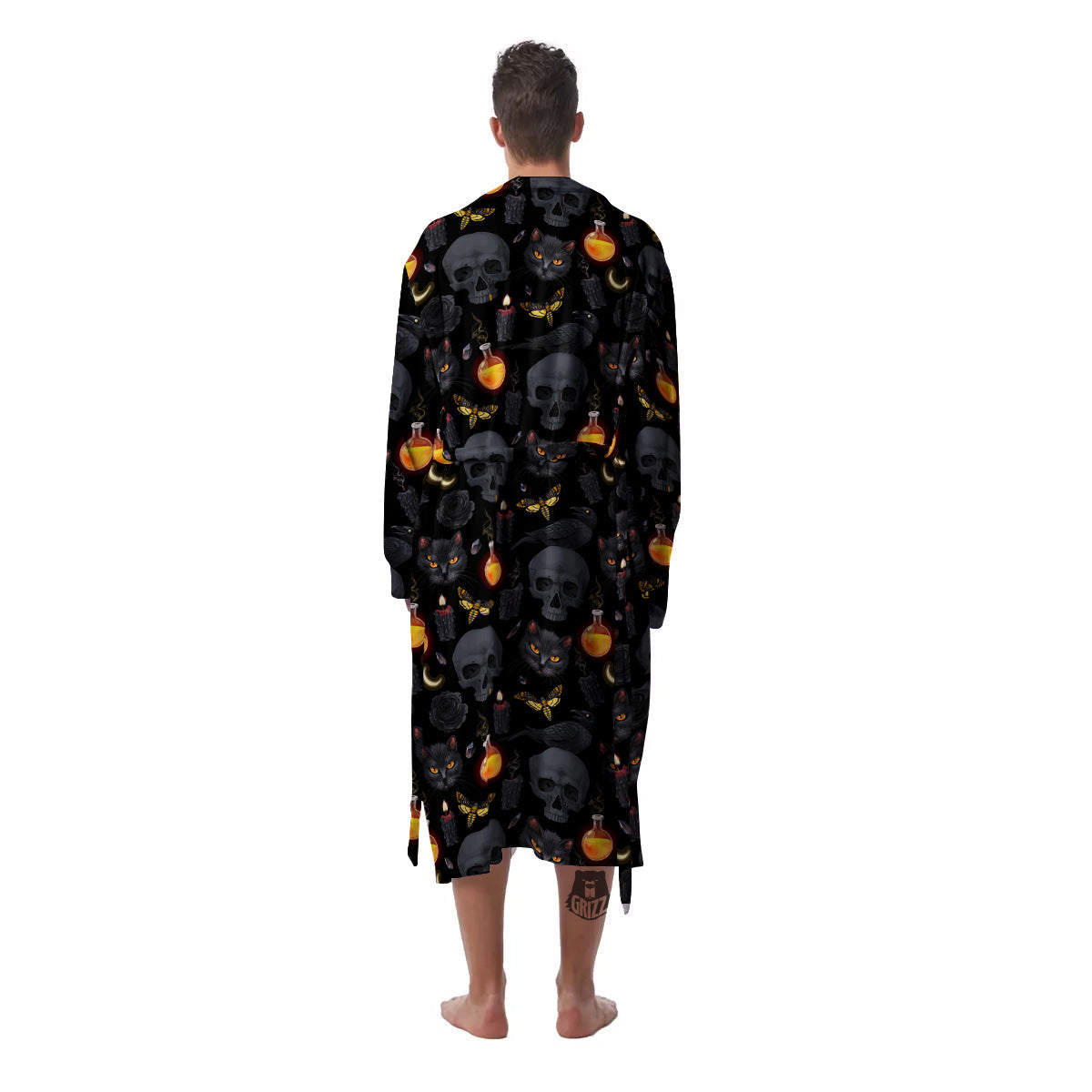 Black Head Cat Raven And Skull Print Pattern Men's Robe-grizzshop