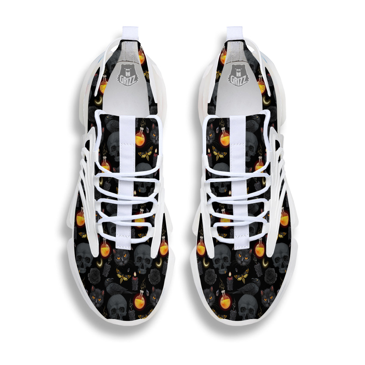Black Head Cat Raven And Skull Print Pattern White Gym Shoes-grizzshop