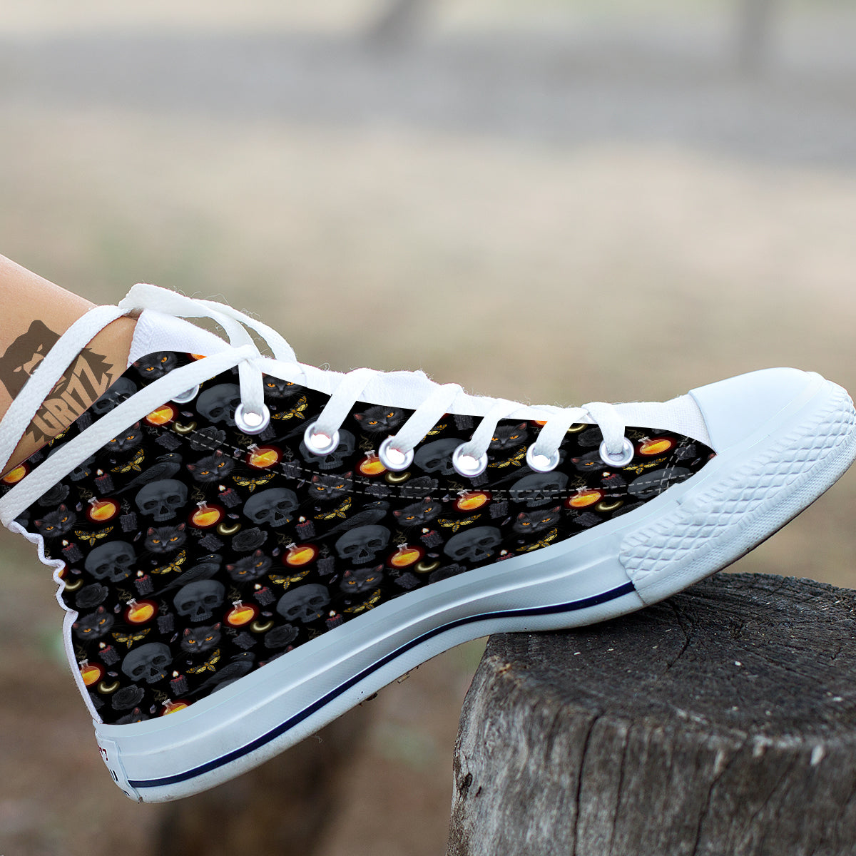 Black Head Cat Raven And Skull Print Pattern White High Top Shoes-grizzshop
