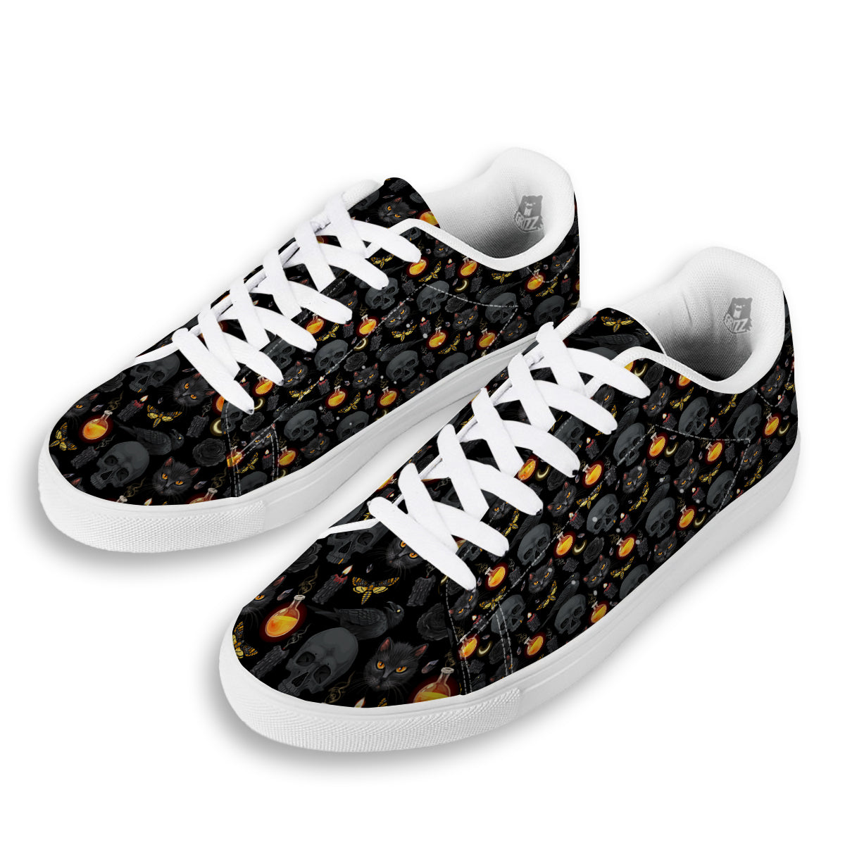 Black Head Cat Raven And Skull Print Pattern White Low Top Sneakers-grizzshop
