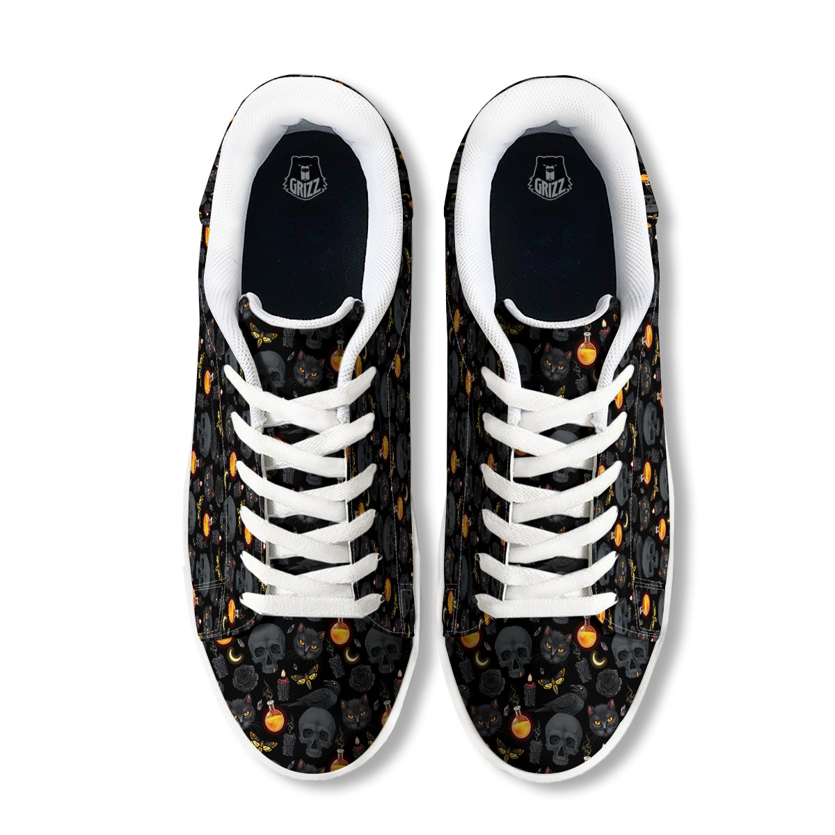 Black Head Cat Raven And Skull Print Pattern White Low Top Sneakers-grizzshop