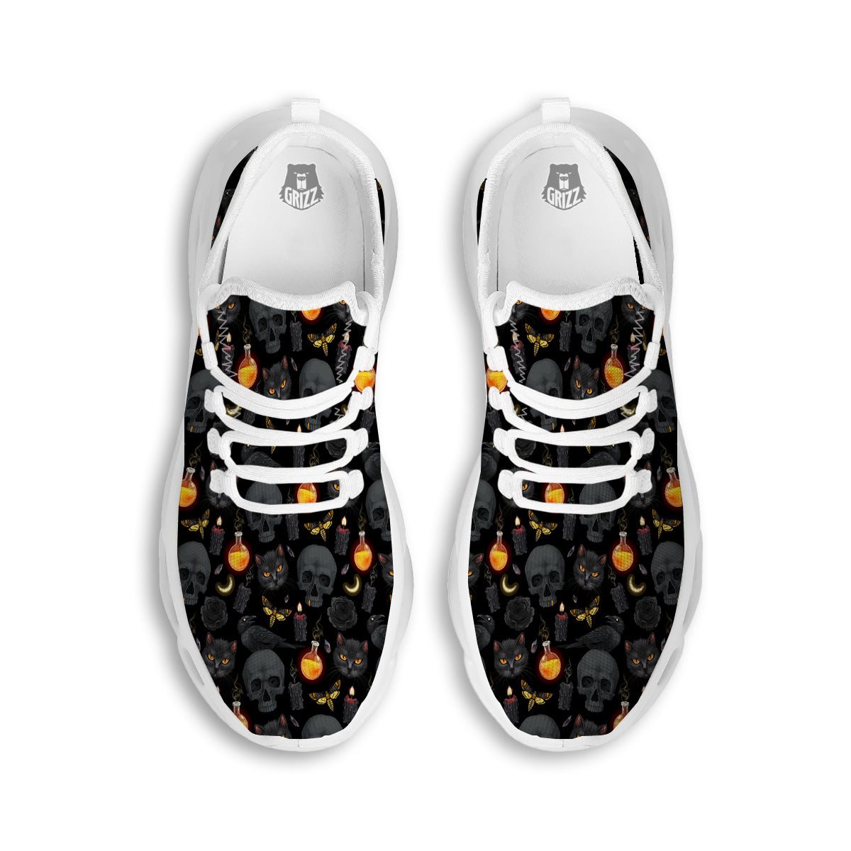 Black Head Cat Raven And Skull Print Pattern White Running Shoes-grizzshop