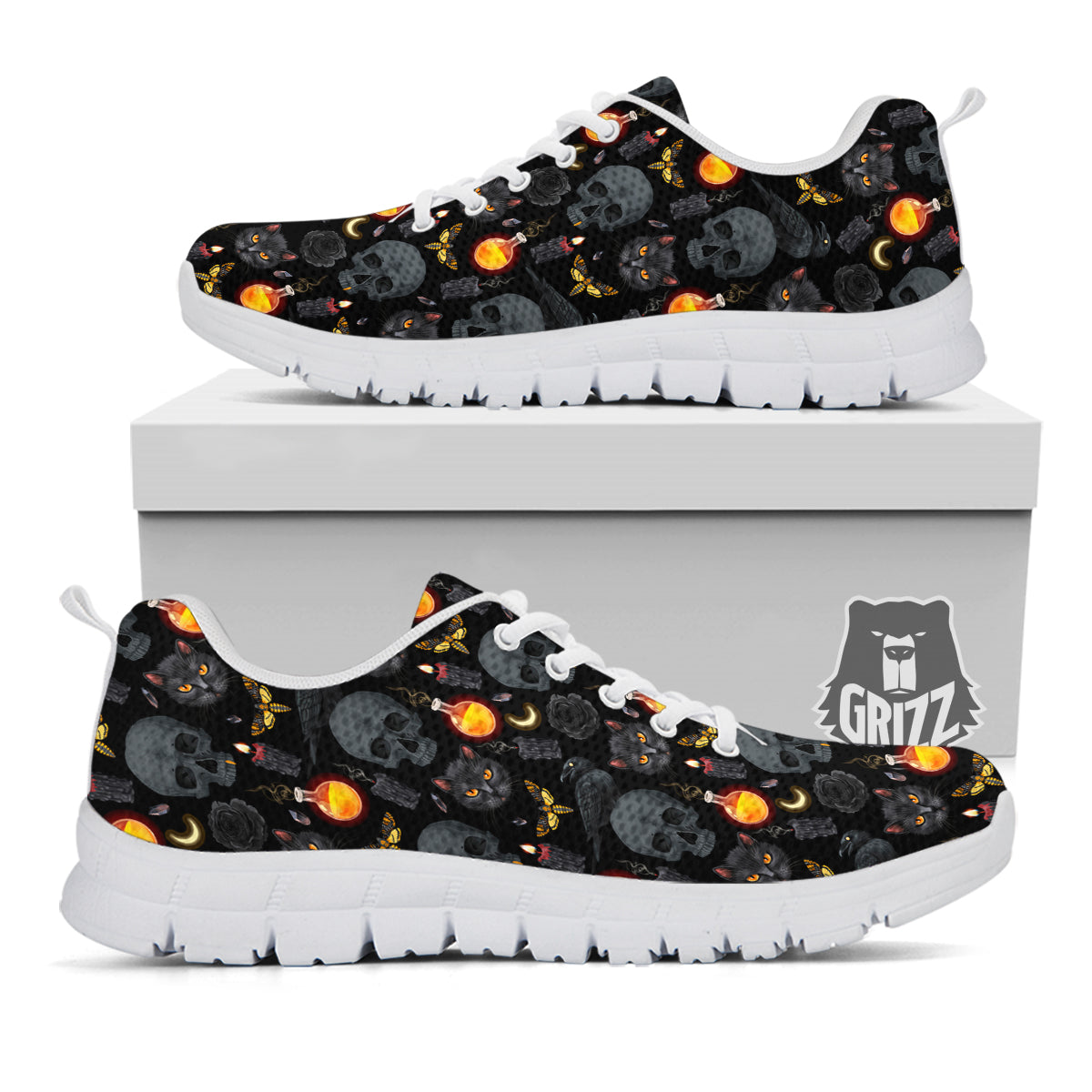 Black Head Cat Raven And Skull Print Pattern White Sneaker-grizzshop