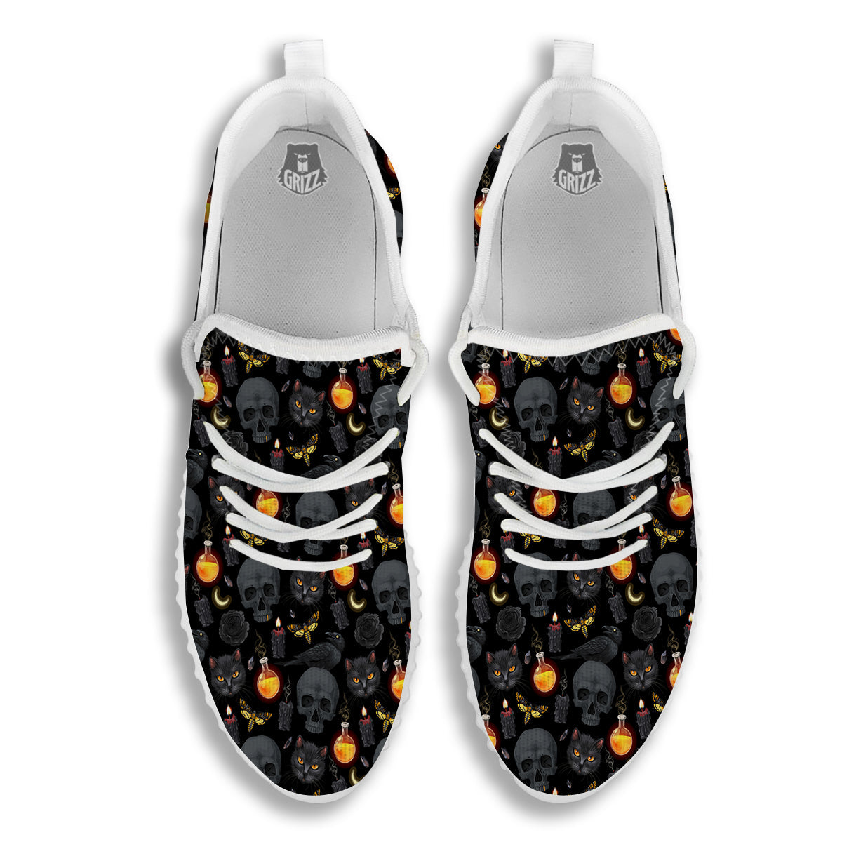 Black Head Cat Raven And Skull Print Pattern White Walking Shoes-grizzshop