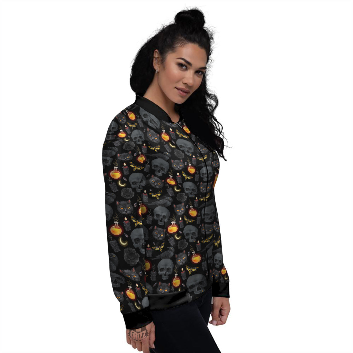Black Head Cat Raven And Skull Print Pattern Women's Bomber Jacket-grizzshop