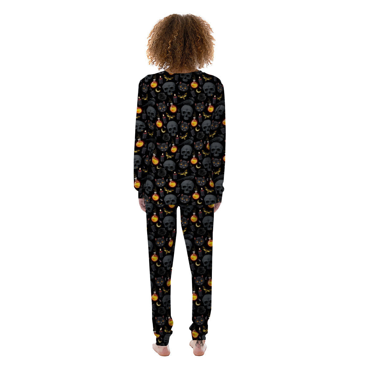 Black Head Cat Raven And Skull Print Pattern Women's Pajamas-grizzshop
