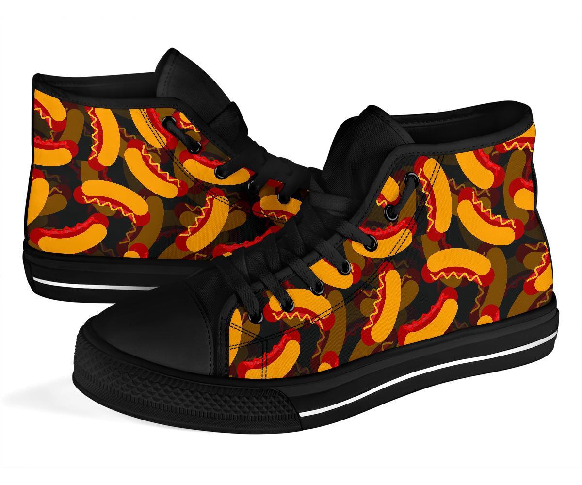 Black Hot Dog Pattern Print Men Women's High Top Shoes-grizzshop