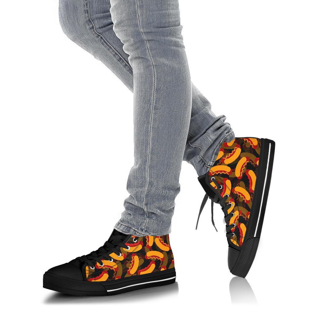 Black Hot Dog Pattern Print Men Women's High Top Shoes-grizzshop