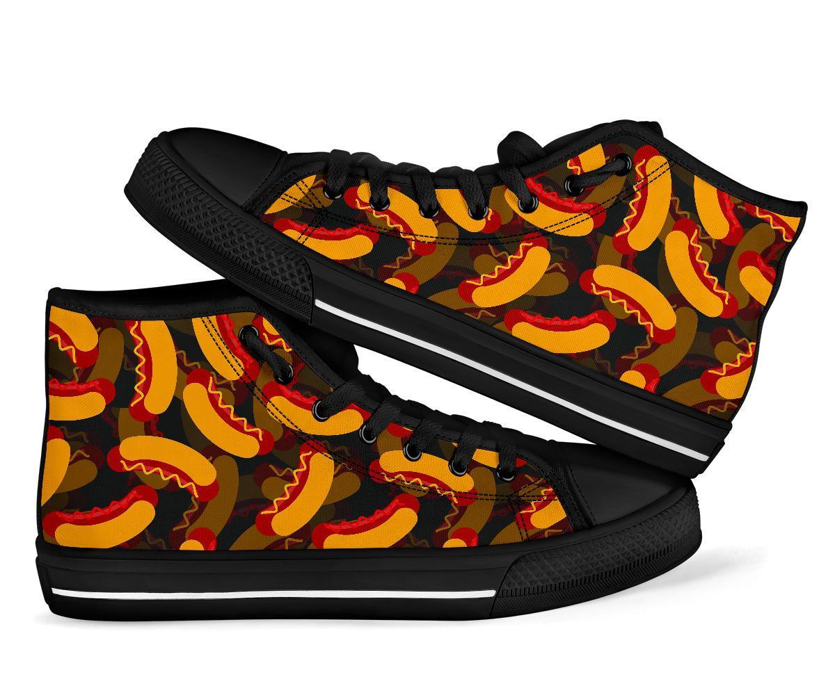 Black Hot Dog Pattern Print Men Women's High Top Shoes-grizzshop