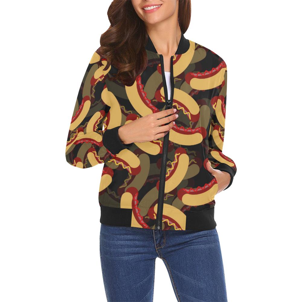 Black Hot Dog Pattern Print Women Casual Bomber Jacket-grizzshop