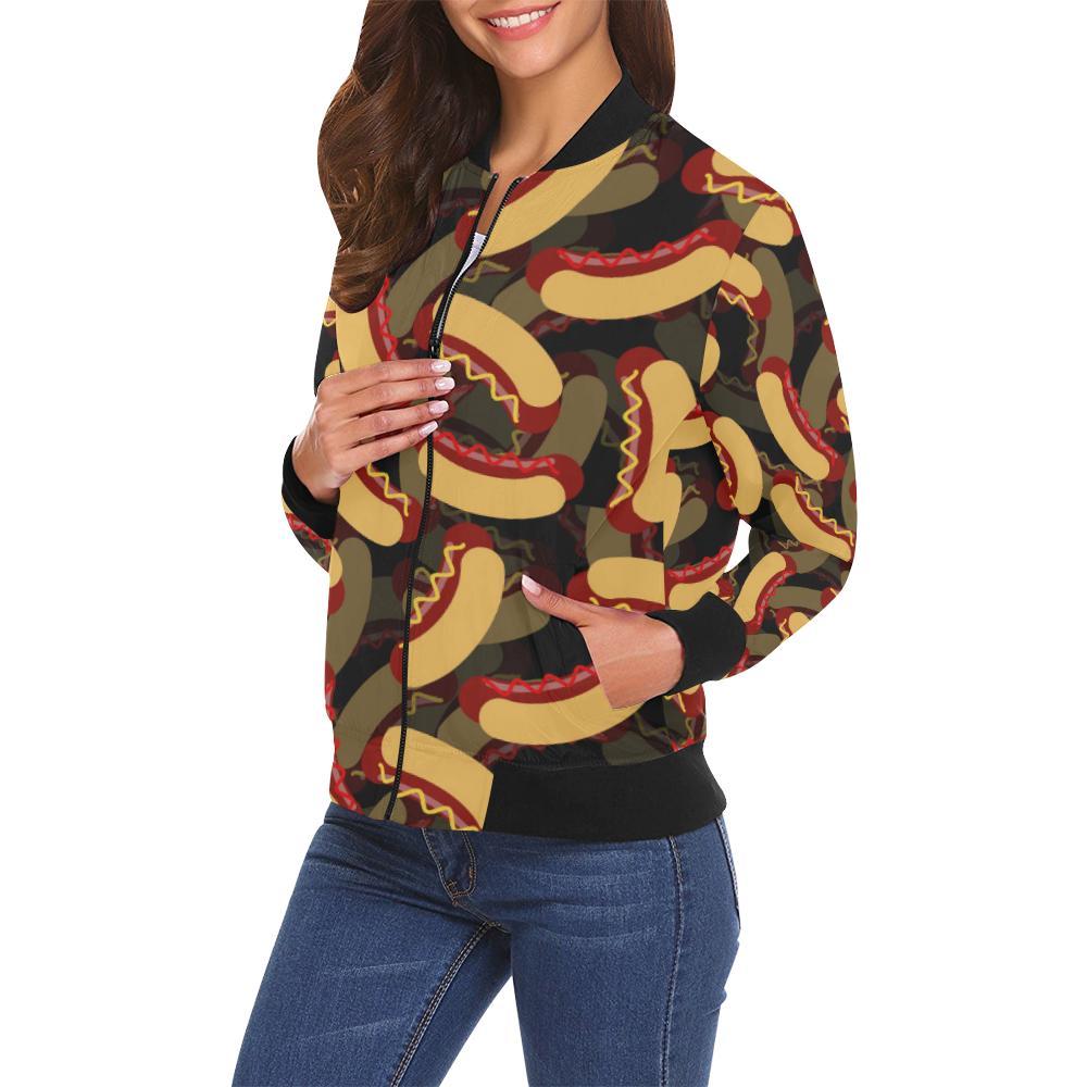 Black Hot Dog Pattern Print Women Casual Bomber Jacket-grizzshop