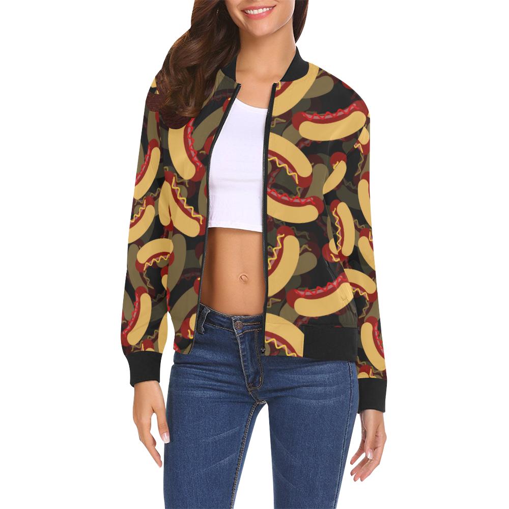 Black Hot Dog Pattern Print Women Casual Bomber Jacket-grizzshop