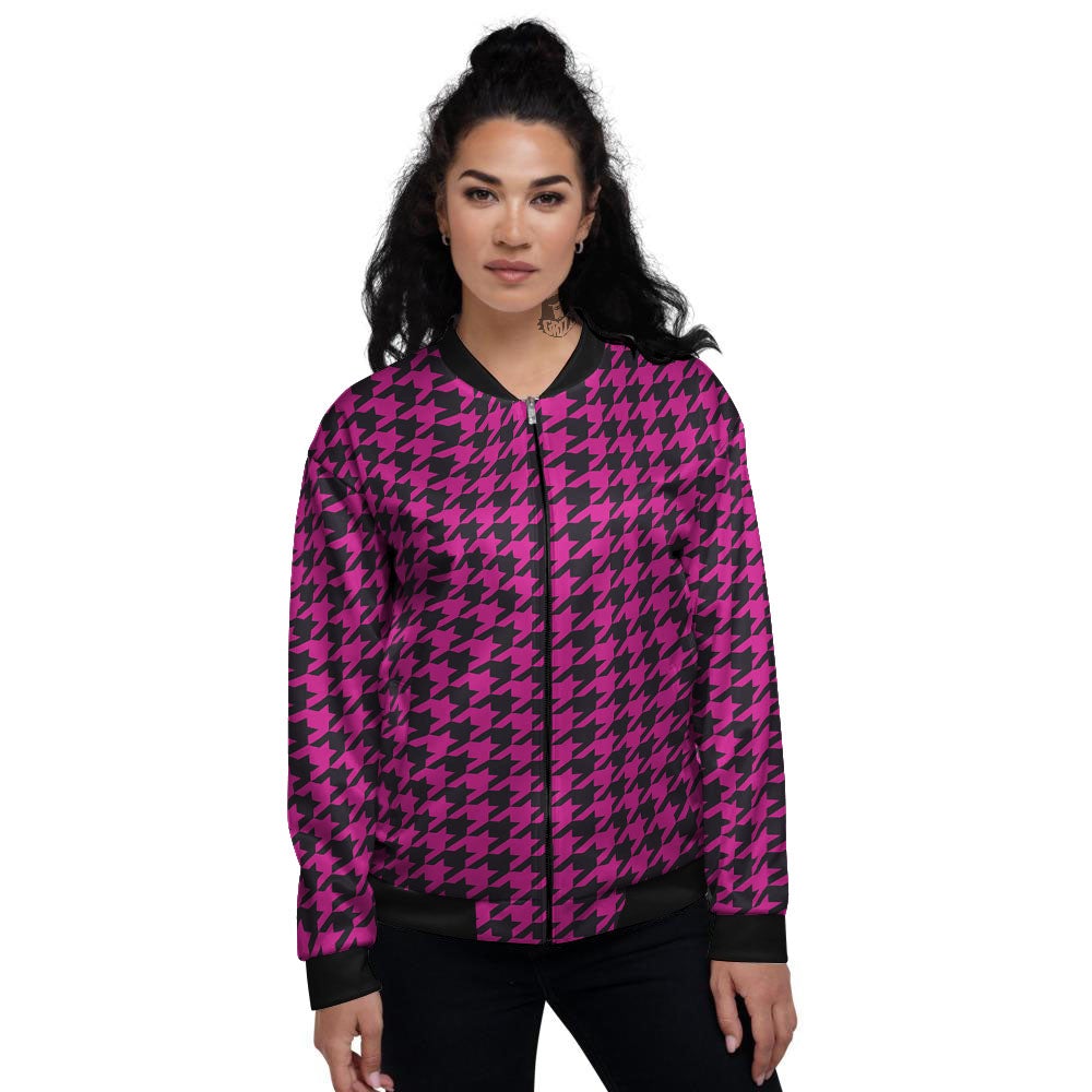 Black Houndstooth And Hot Pink Print Women's Bomber Jacket-grizzshop