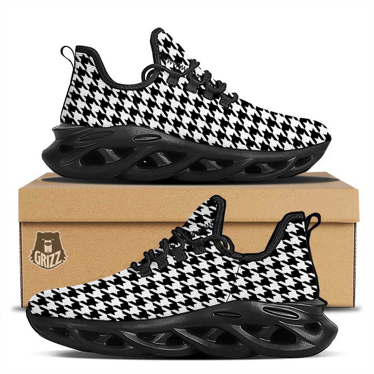 Black Houndstooth Print Black Running Shoes-grizzshop