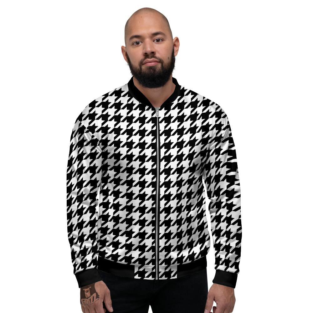 Black Houndstooth Print Men's Bomber Jacket-grizzshop