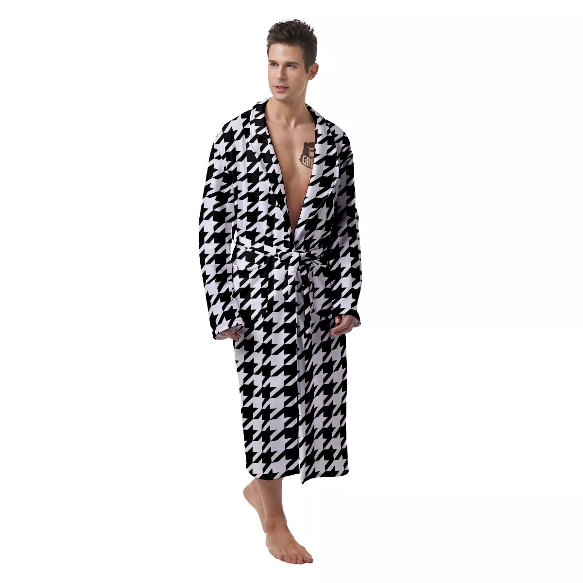 Black Houndstooth Print Men's Robe-grizzshop