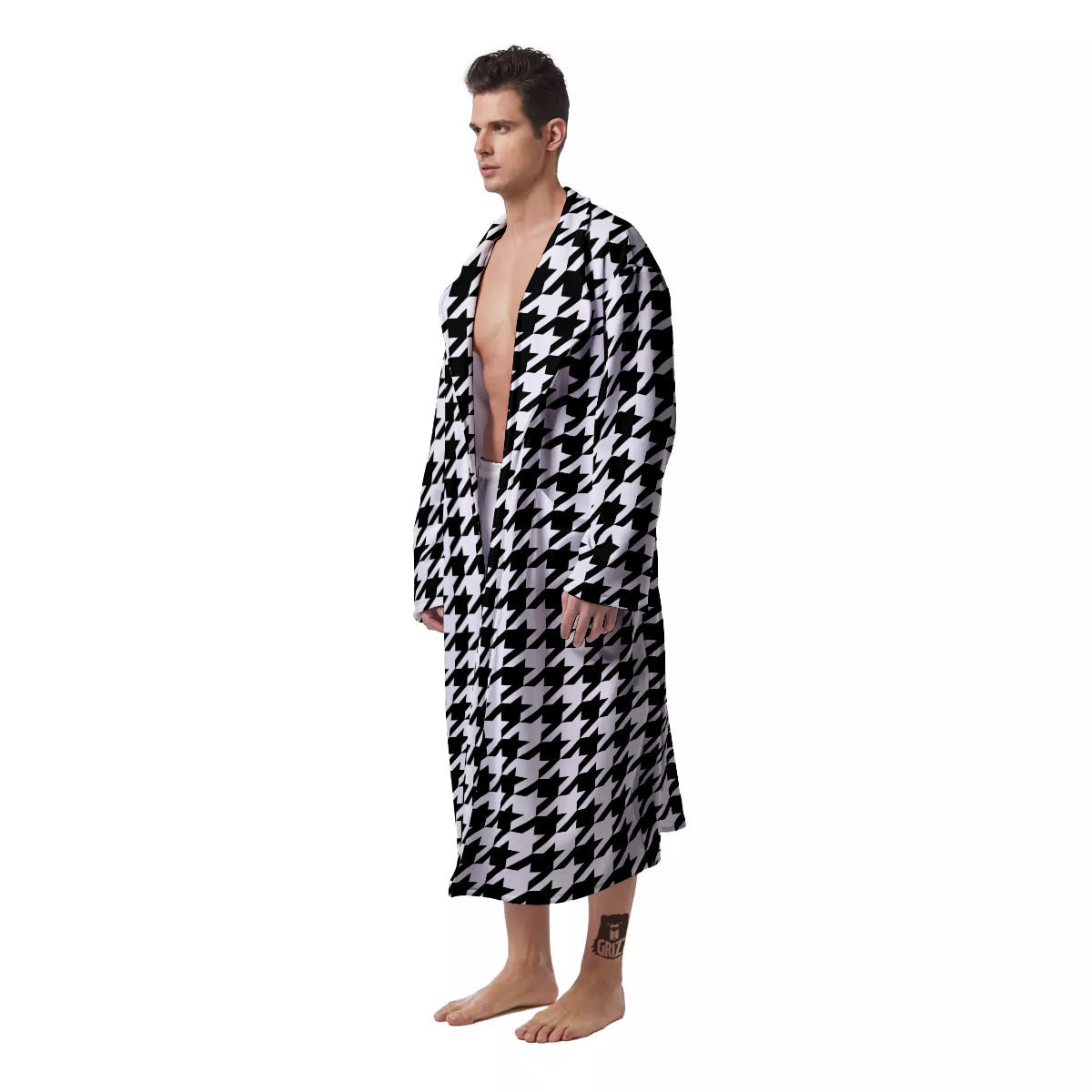 Black Houndstooth Print Men's Robe-grizzshop