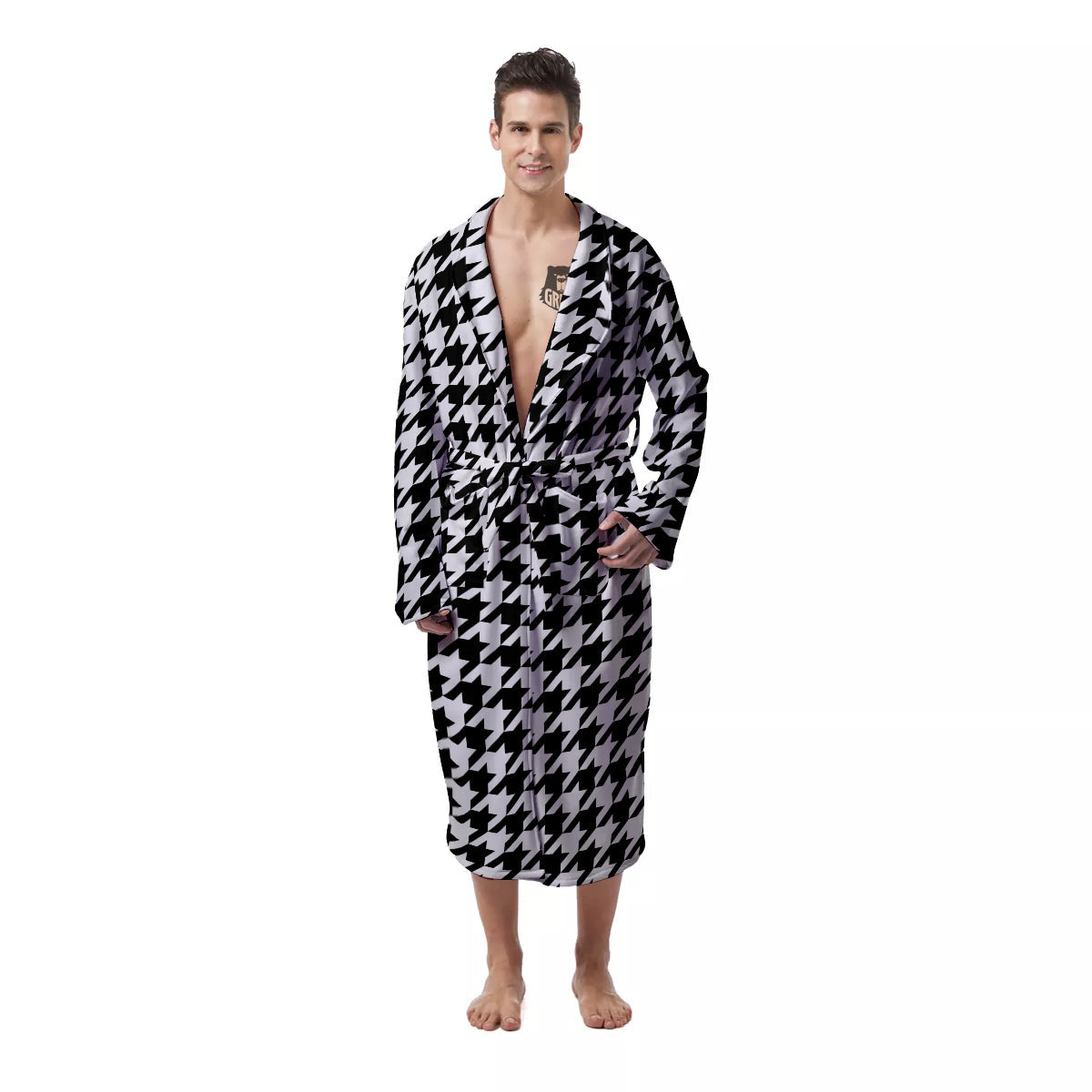 Black Houndstooth Print Men's Robe-grizzshop