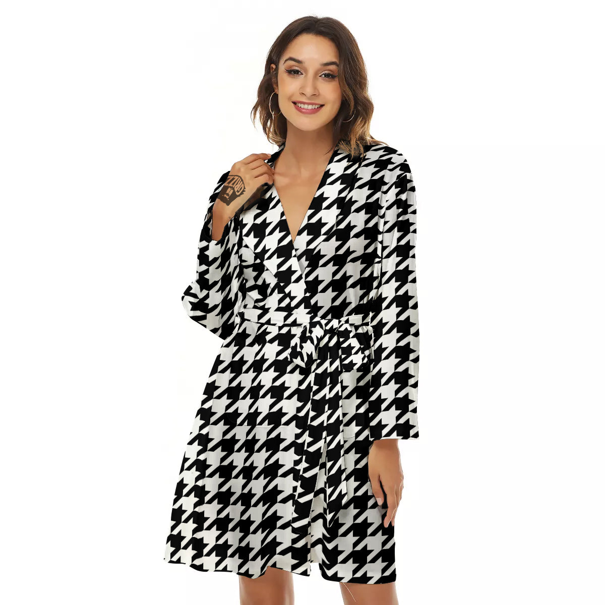 Black Houndstooth Print Women's Robe-grizzshop