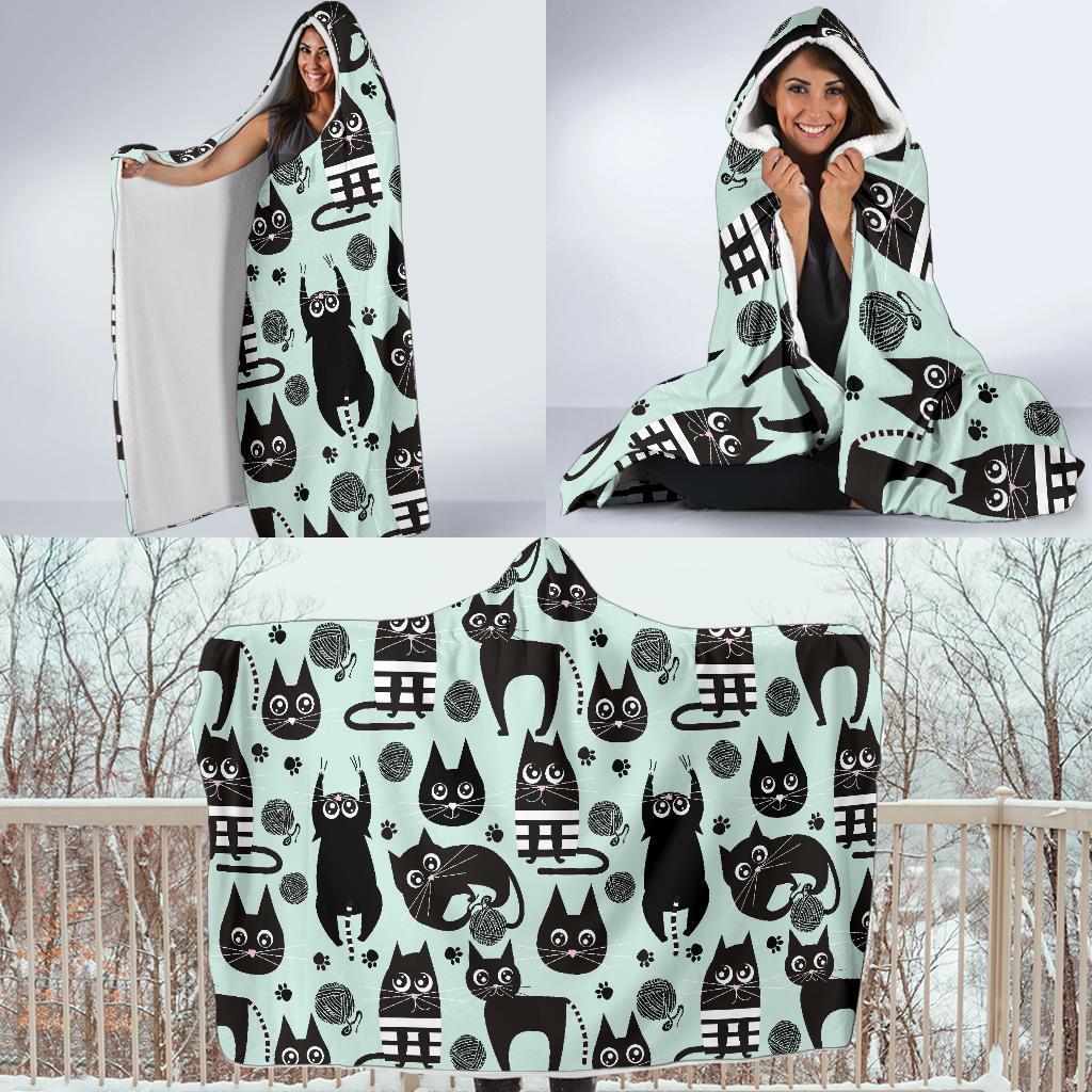 Black Kitten Cat Pattern Print Hooded Blanket-grizzshop
