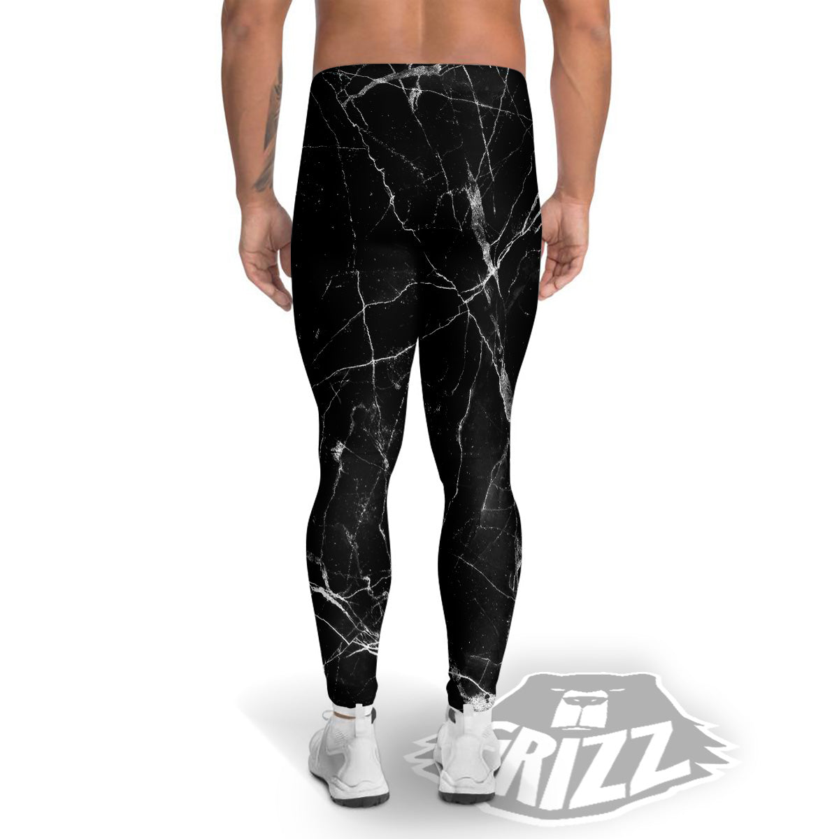 Black Marble White Grunge Print Men's Leggings-grizzshop
