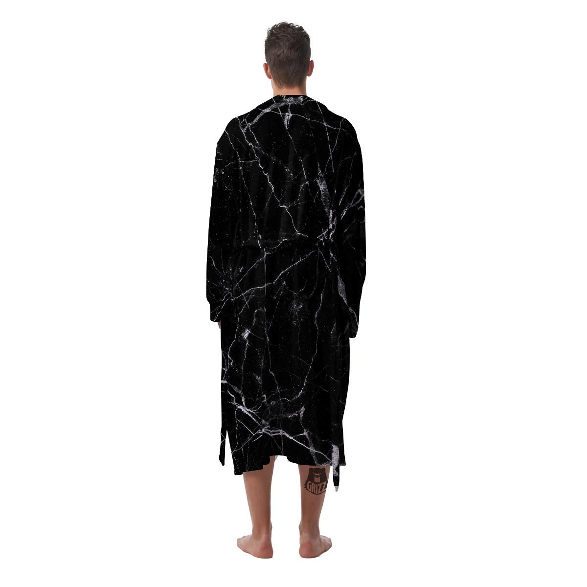 Black Marble White Grunge Print Men's Robe-grizzshop