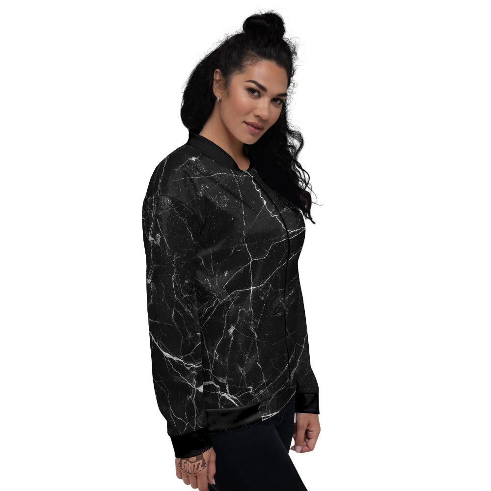 Black Marble White Grunge Print Women's Bomber Jacket-grizzshop