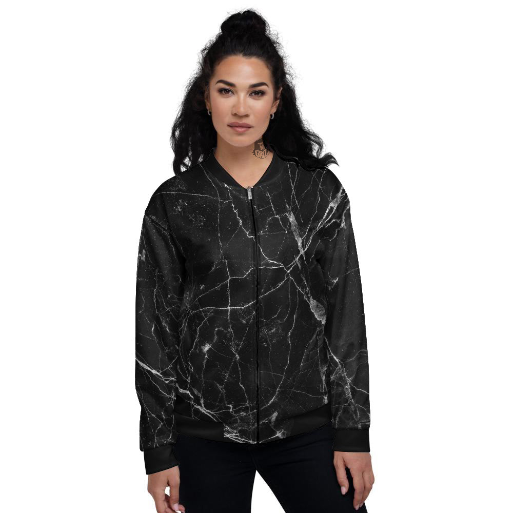 Black Marble White Grunge Print Women's Bomber Jacket-grizzshop