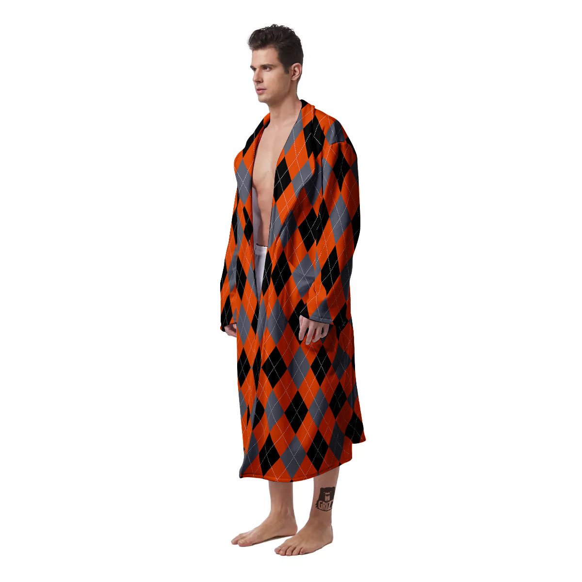 Black Orange And Grey Argyle Print Pattern Men's Robe-grizzshop