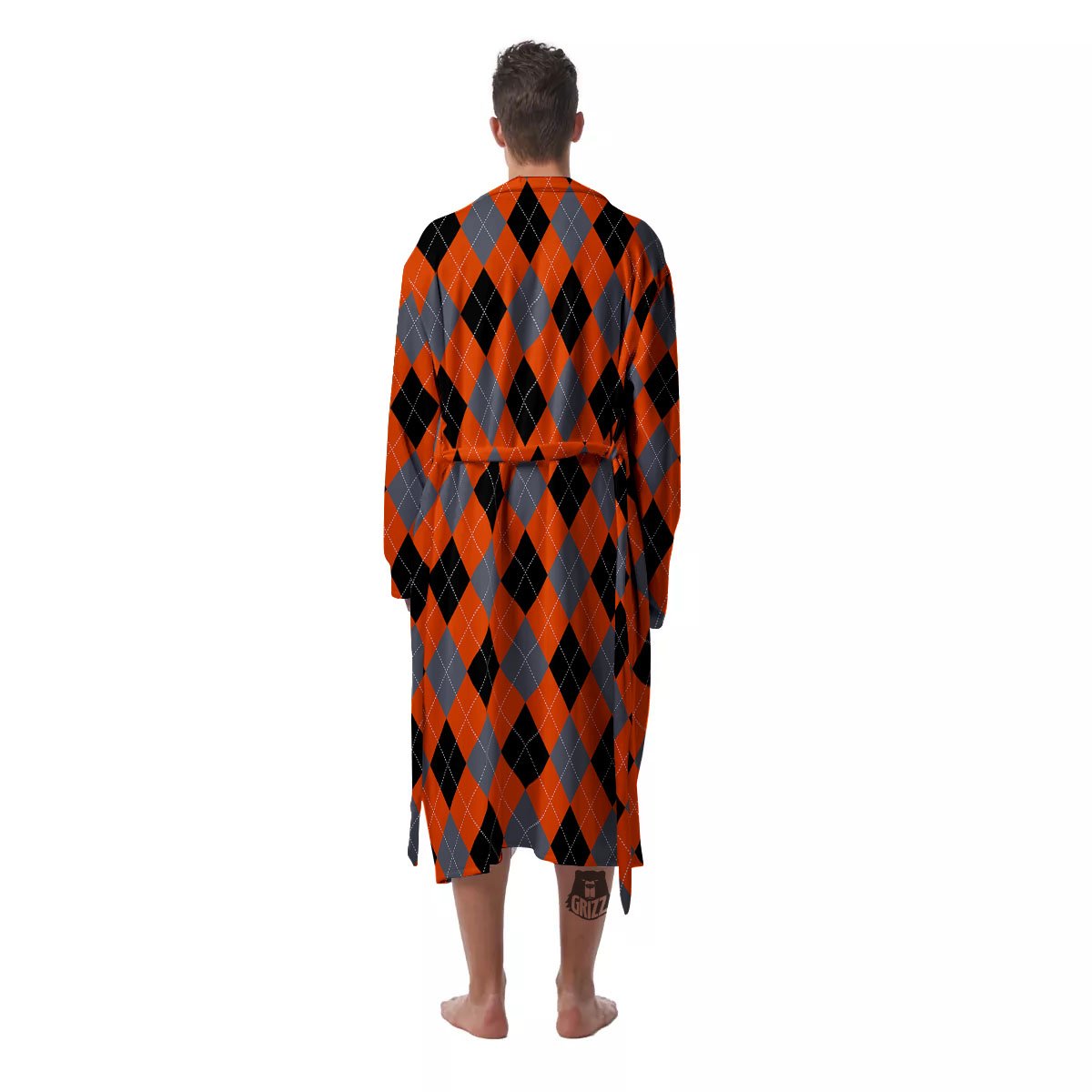Black Orange And Grey Argyle Print Pattern Men's Robe-grizzshop