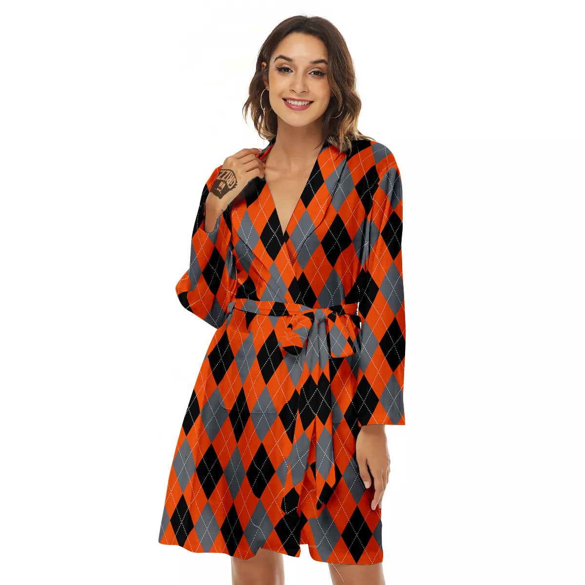 Black Orange And Grey Argyle Print Pattern Women's Robe-grizzshop