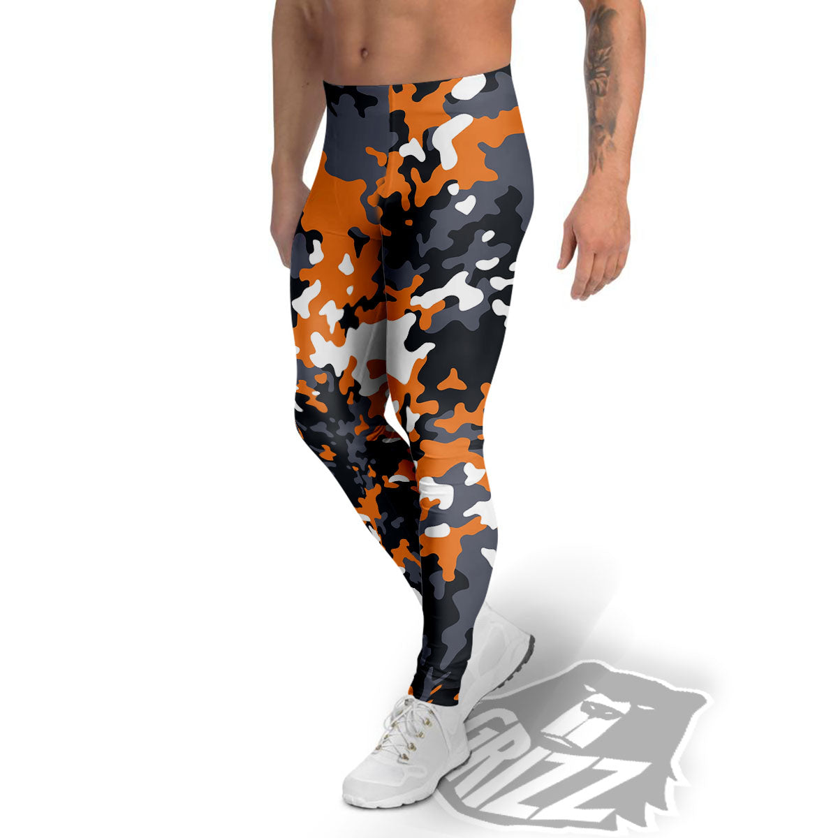 Black Orange And Grey Camouflage Print Men's Leggings-grizzshop