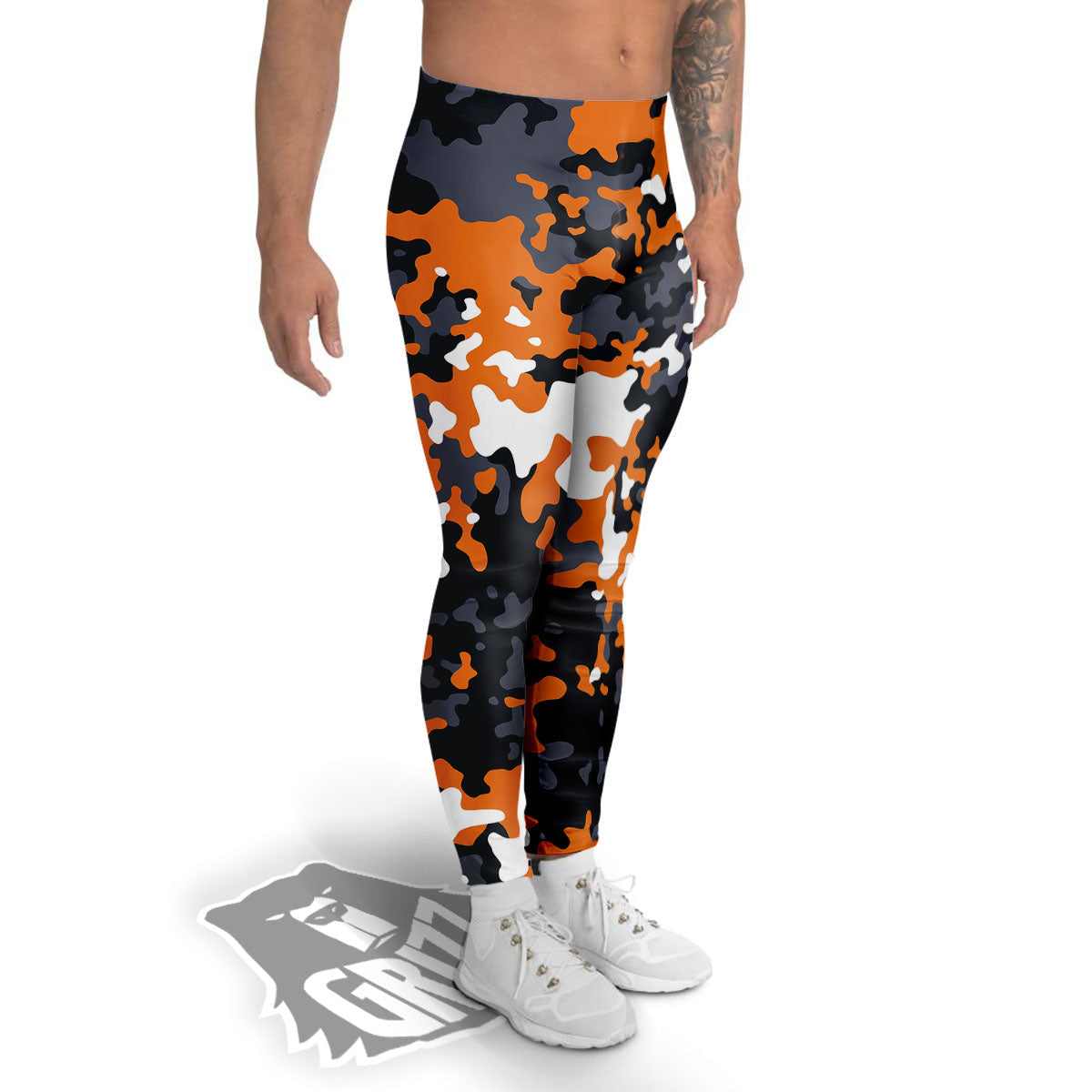 Black Orange And Grey Camouflage Print Men's Leggings-grizzshop