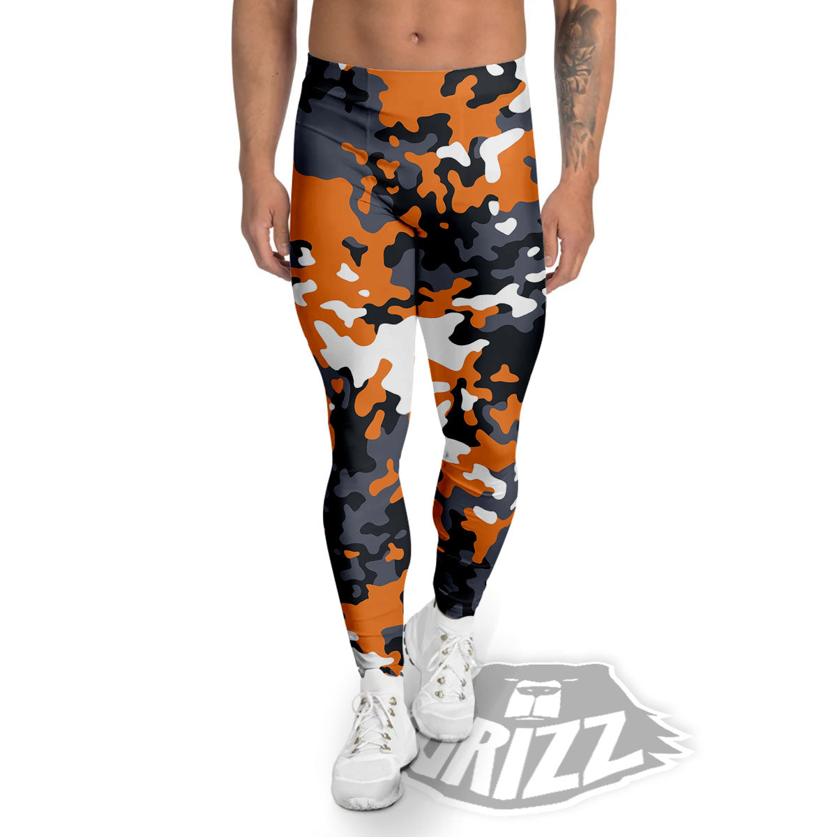 Black Orange And Grey Camouflage Print Men's Leggings-grizzshop