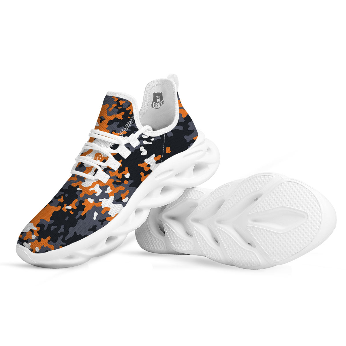 Black Orange And Grey Camouflage Print White Running Shoes-grizzshop