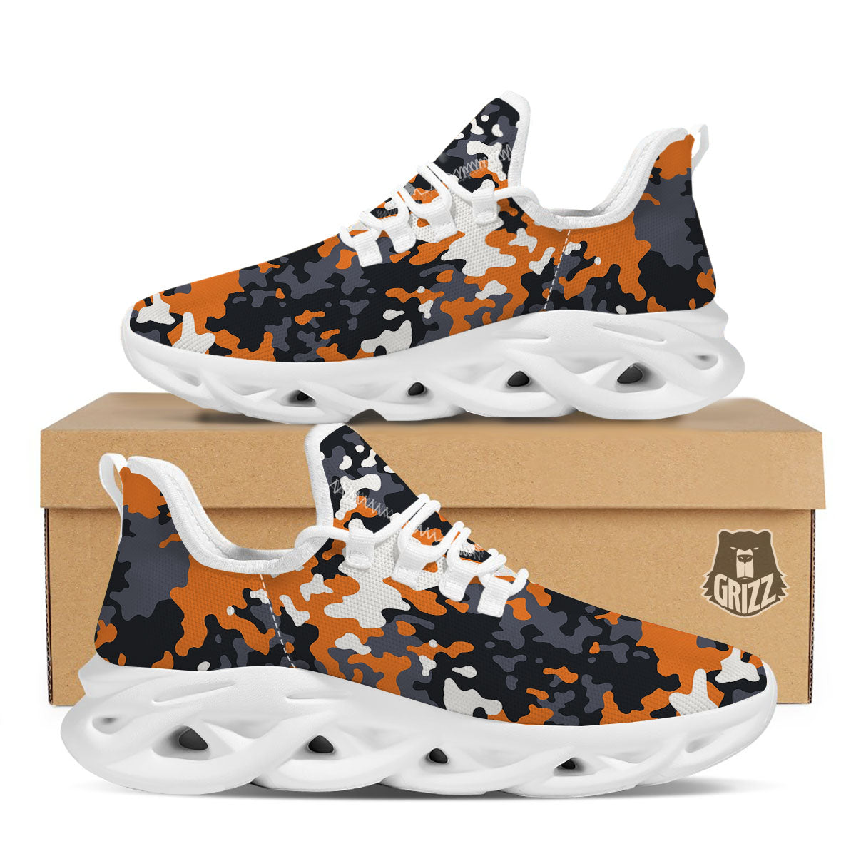 Black Orange And Grey Camouflage Print White Running Shoes-grizzshop