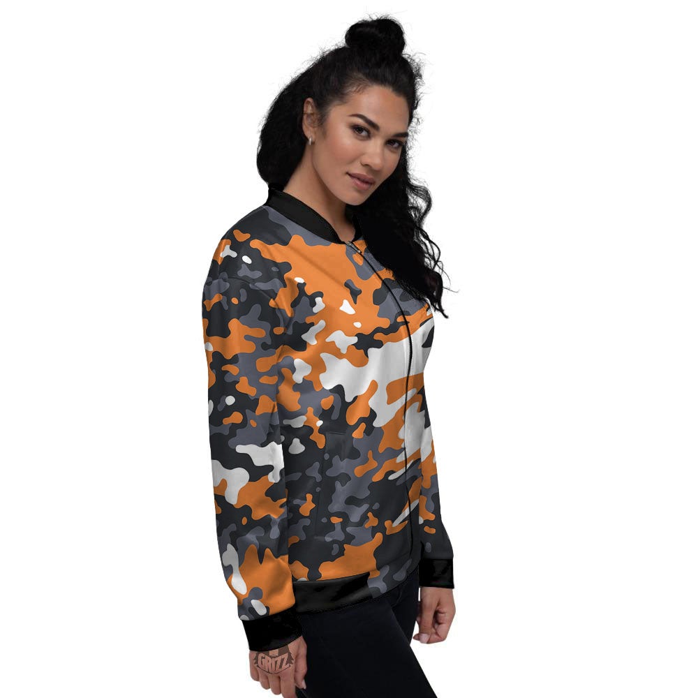 Black Orange And Grey Camouflage Print Women's Bomber Jacket-grizzshop