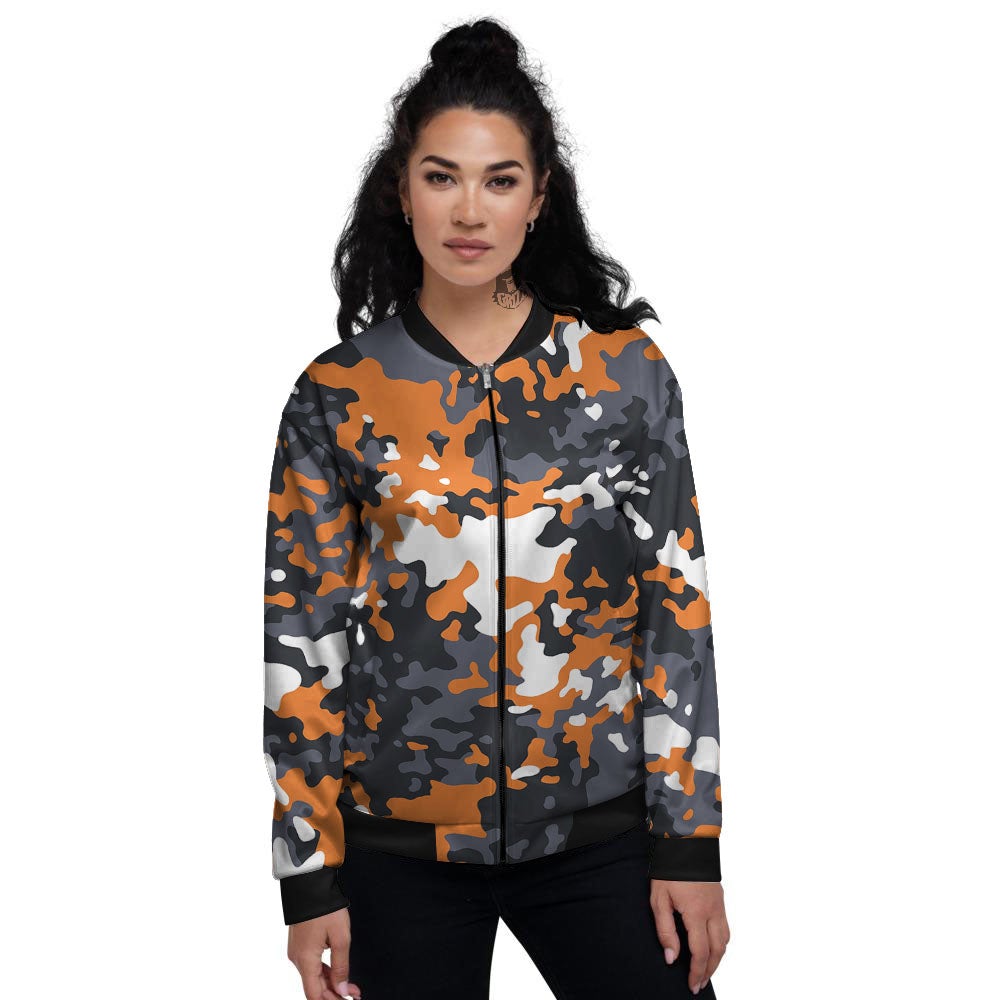 Black Orange And Grey Camouflage Print Women's Bomber Jacket-grizzshop