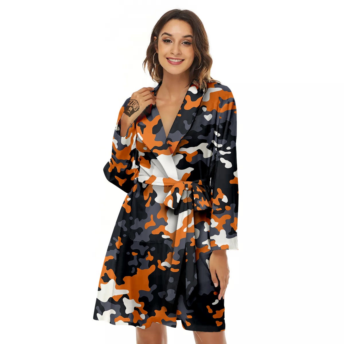 Black Orange And Grey Camouflage Print Women's Robe-grizzshop